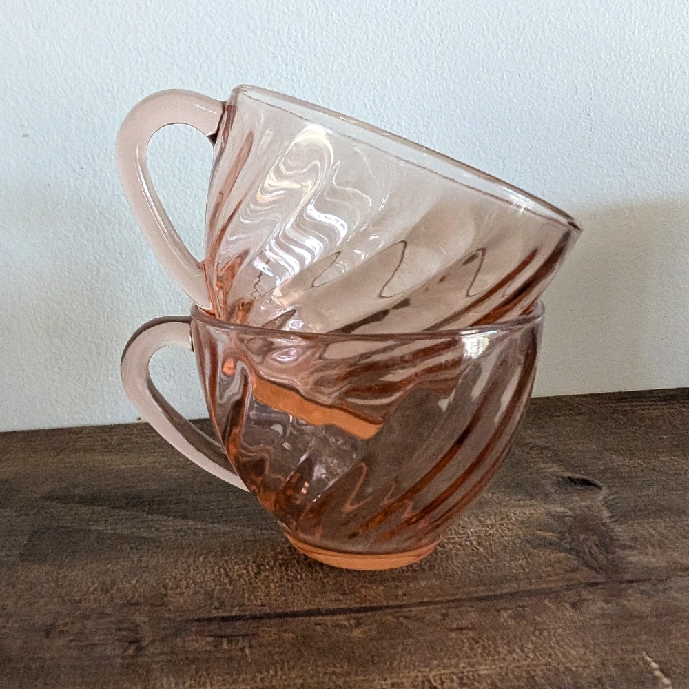 Arcoroc France Rosaline Pink Glass Teacups Set of 2 Vintage Cup Mug